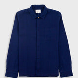 Navy blue shirt with a collar on a light gray background