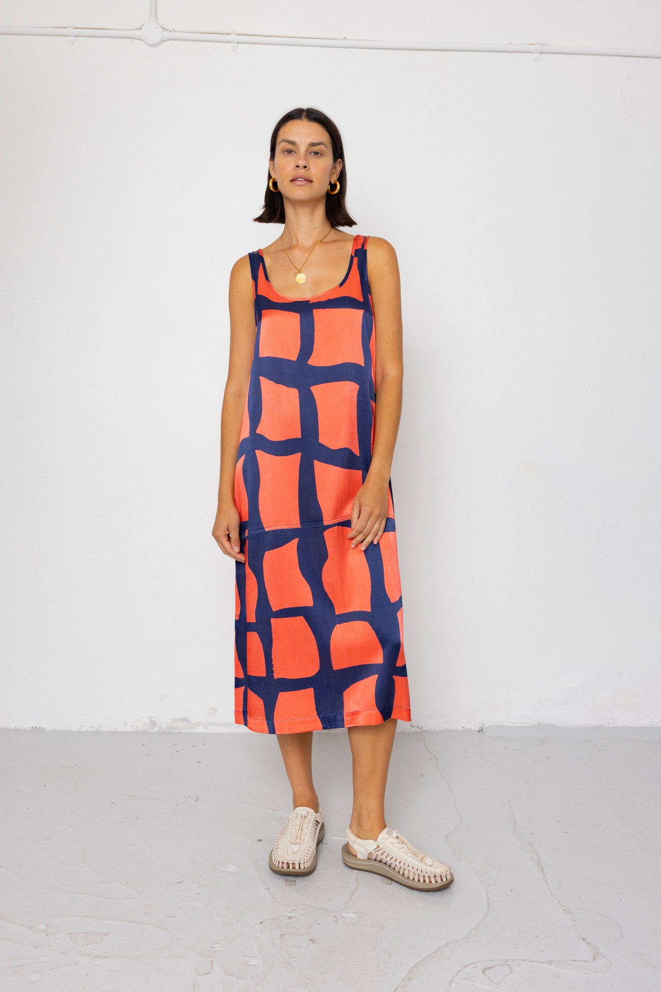 Slip Dress - Abstract Block Print Navy - Size 10 - Women's