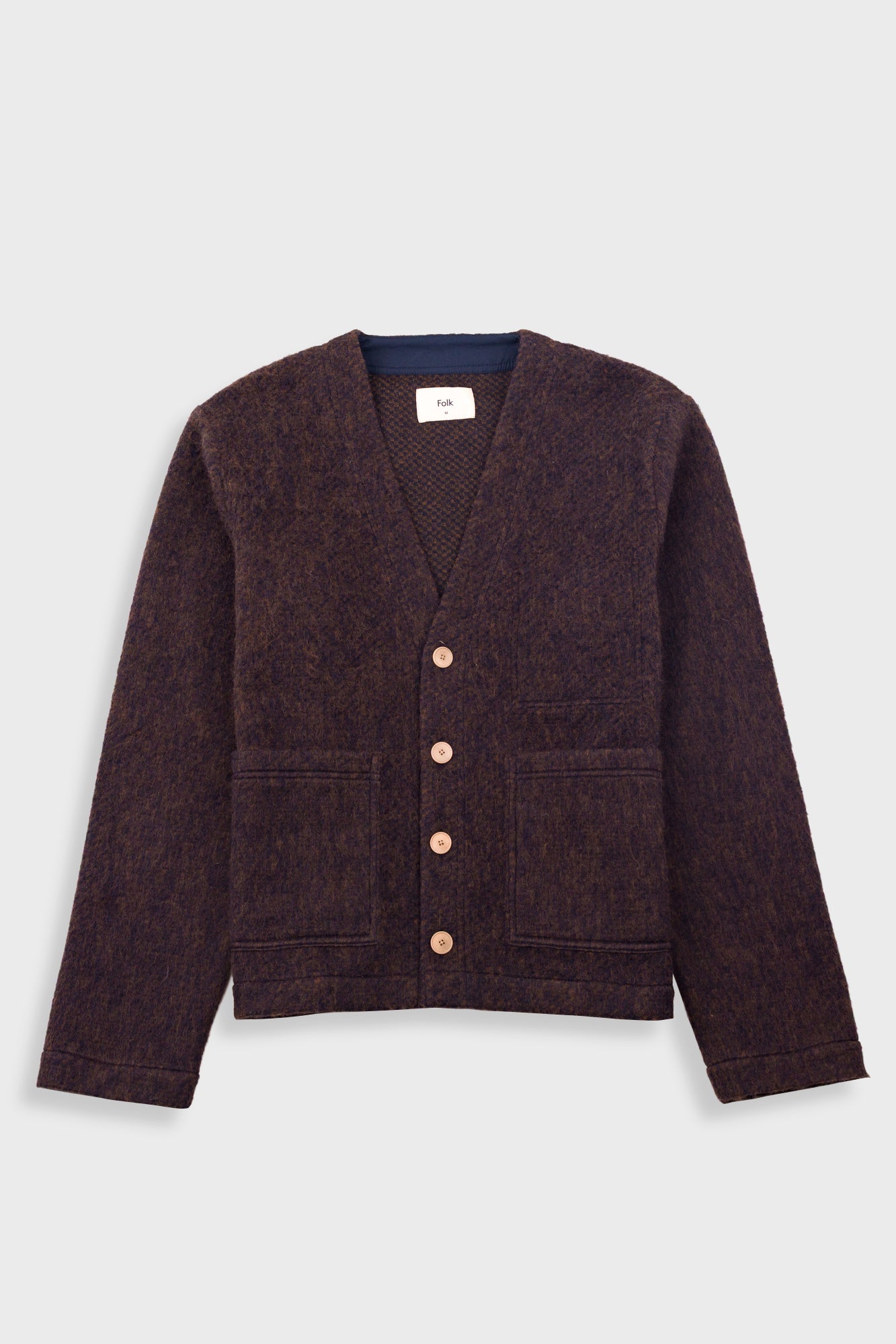 Folk Pocket Cardigan Navy Espresso Brushed Wool - Main Image