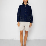 Person wearing a dark blue jacket with white shorts against a white background