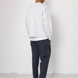 Person wearing a light gray sweatshirt, dark pants, and gray sneakers against a white background