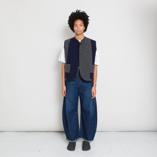 Cawley - Portugese Boiled Wool Patchwork Stripe Ella Vest - Navy/Grey