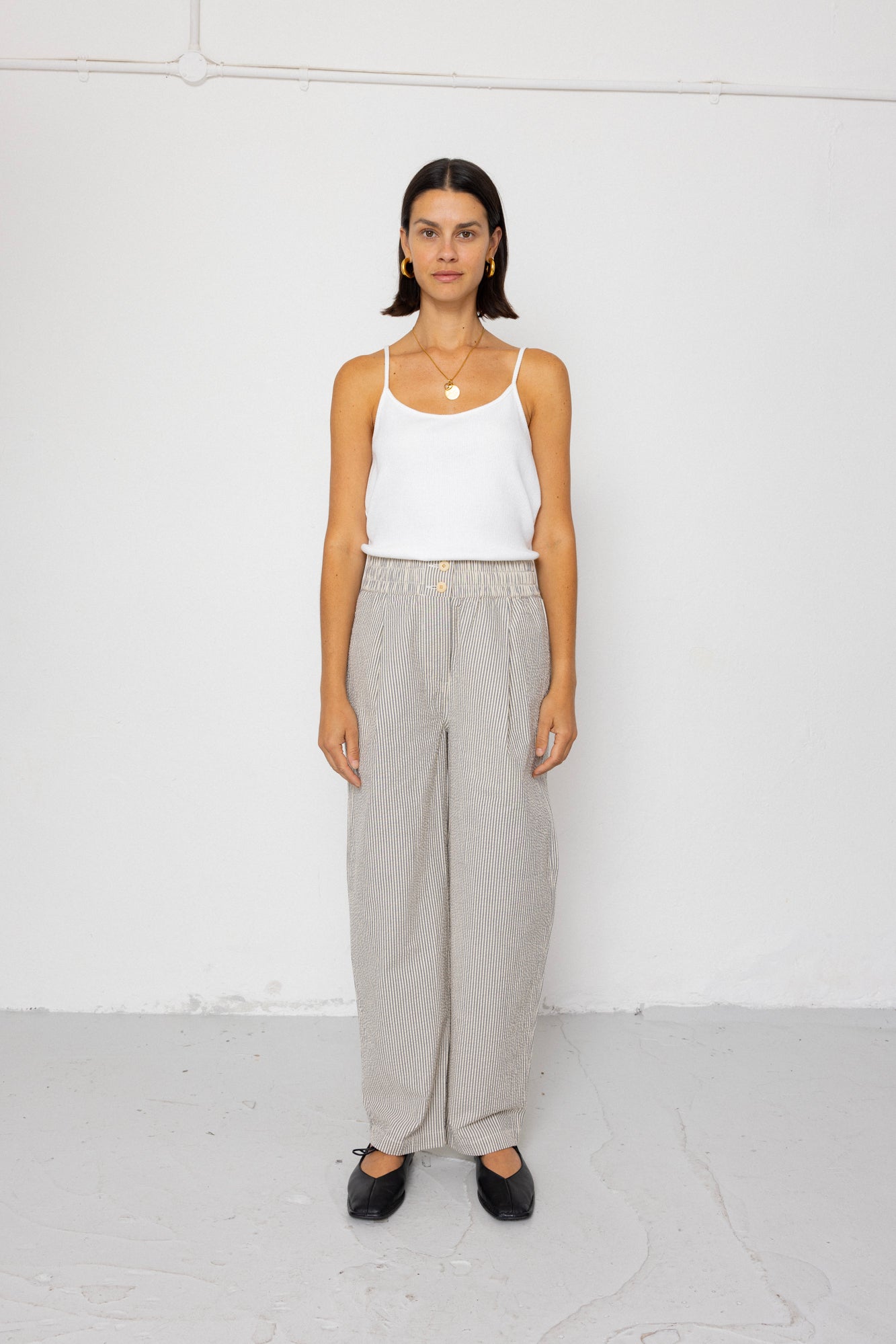 Folk Folk Drawcord Baggy Trouser - Ecru Grey Stripe Seersucker