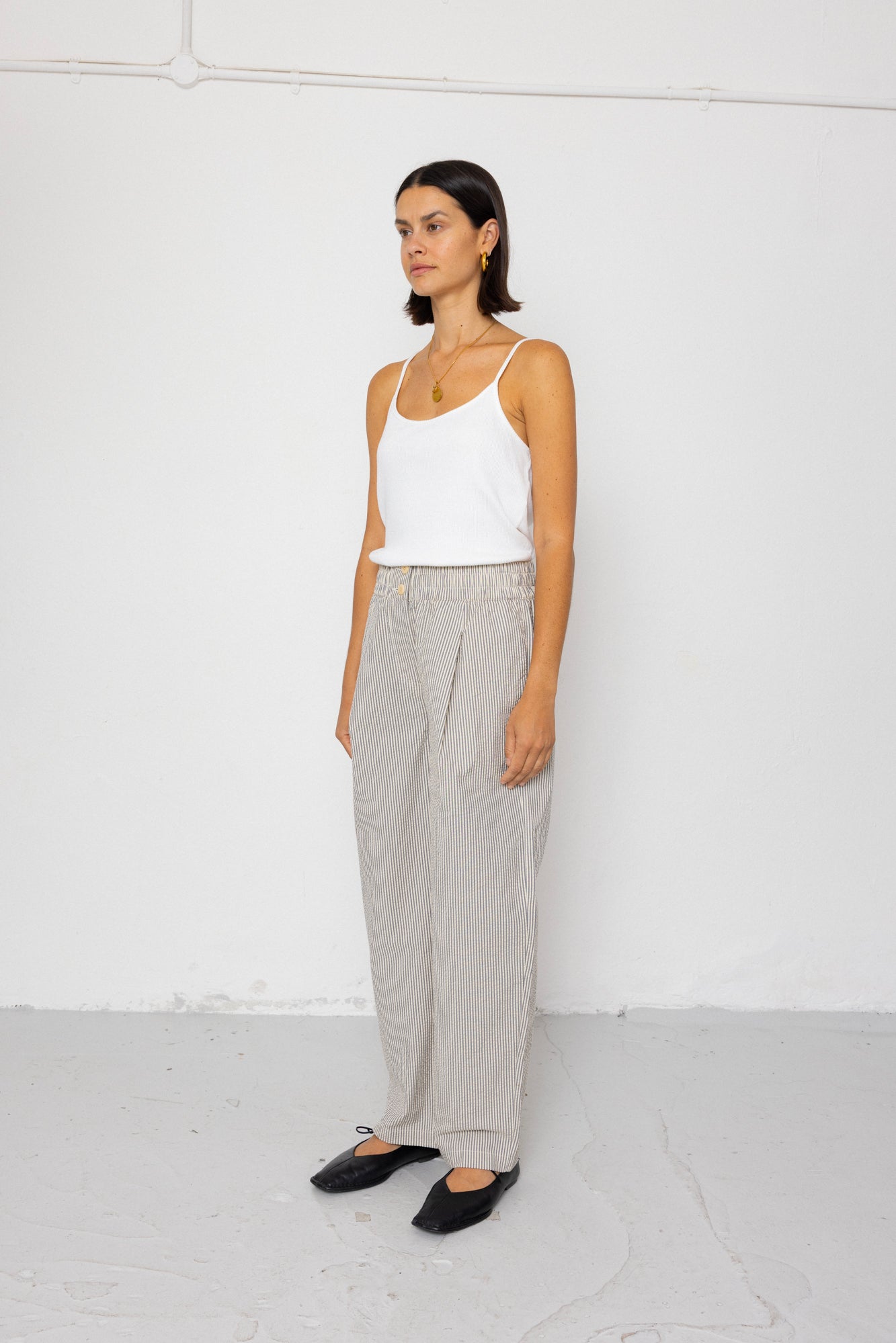 Folk Folk Drawcord Baggy Trouser - Ecru Grey Stripe Seersucker