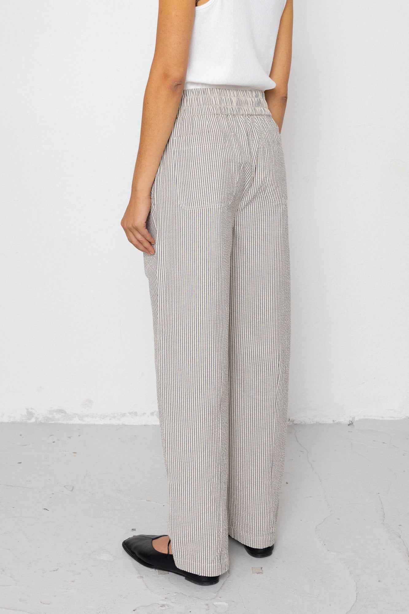 Folk Folk Drawcord Baggy Trouser - Ecru Grey Stripe Seersucker