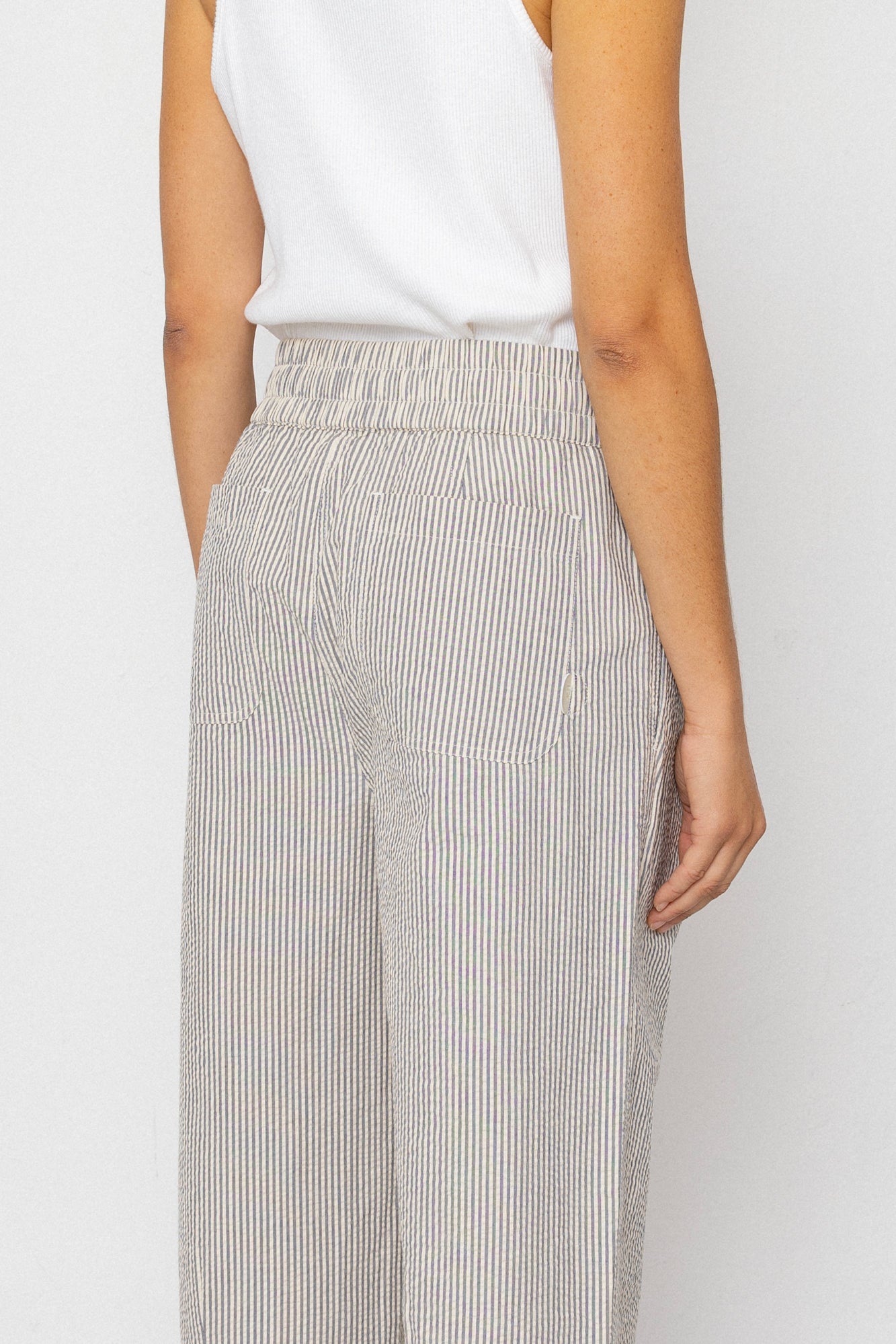 Folk Folk Drawcord Baggy Trouser - Ecru Grey Stripe Seersucker