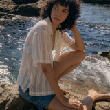 Folk | Folk Short Sleeve Soft Collar Shirt - Off White Dobby Stripe