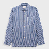 Blue and white striped shirt on a light gray background