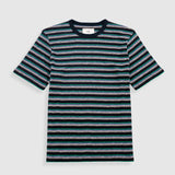 Striped t-shirt with green and black horizontal stripes on a white background