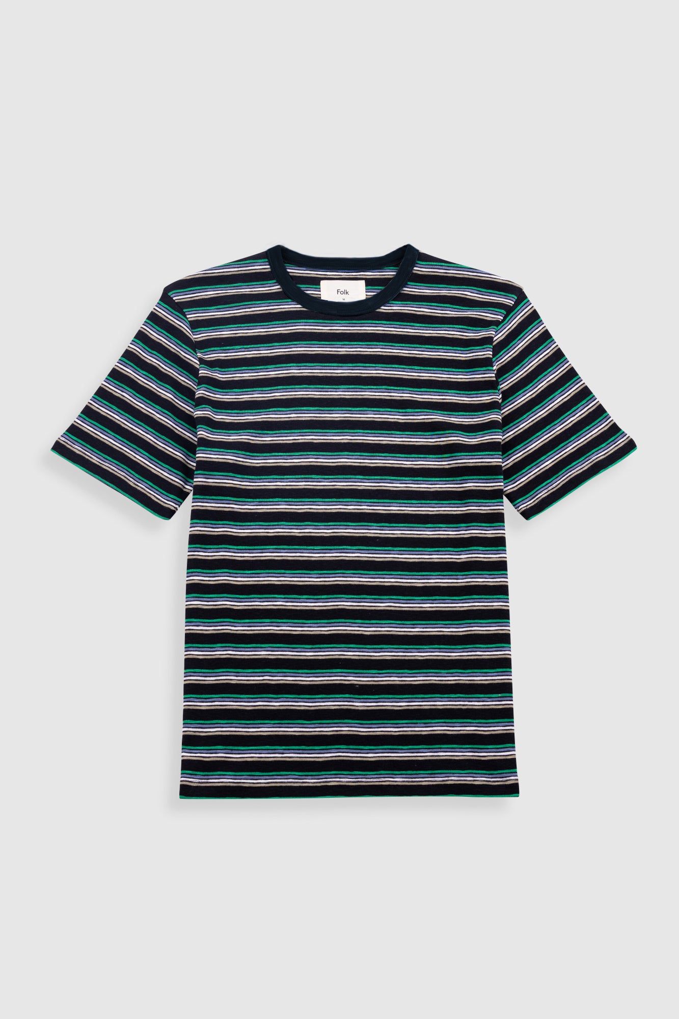 Striped t-shirt with green and black horizontal stripes on a white background