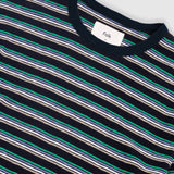 Striped t-shirt with a visible brand label on a light gray background