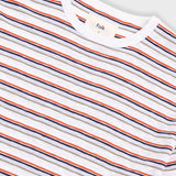 Striped t-shirt with visible brand logo on a light gray background
