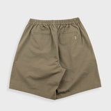 Olive green shorts with a drawstring on a white background