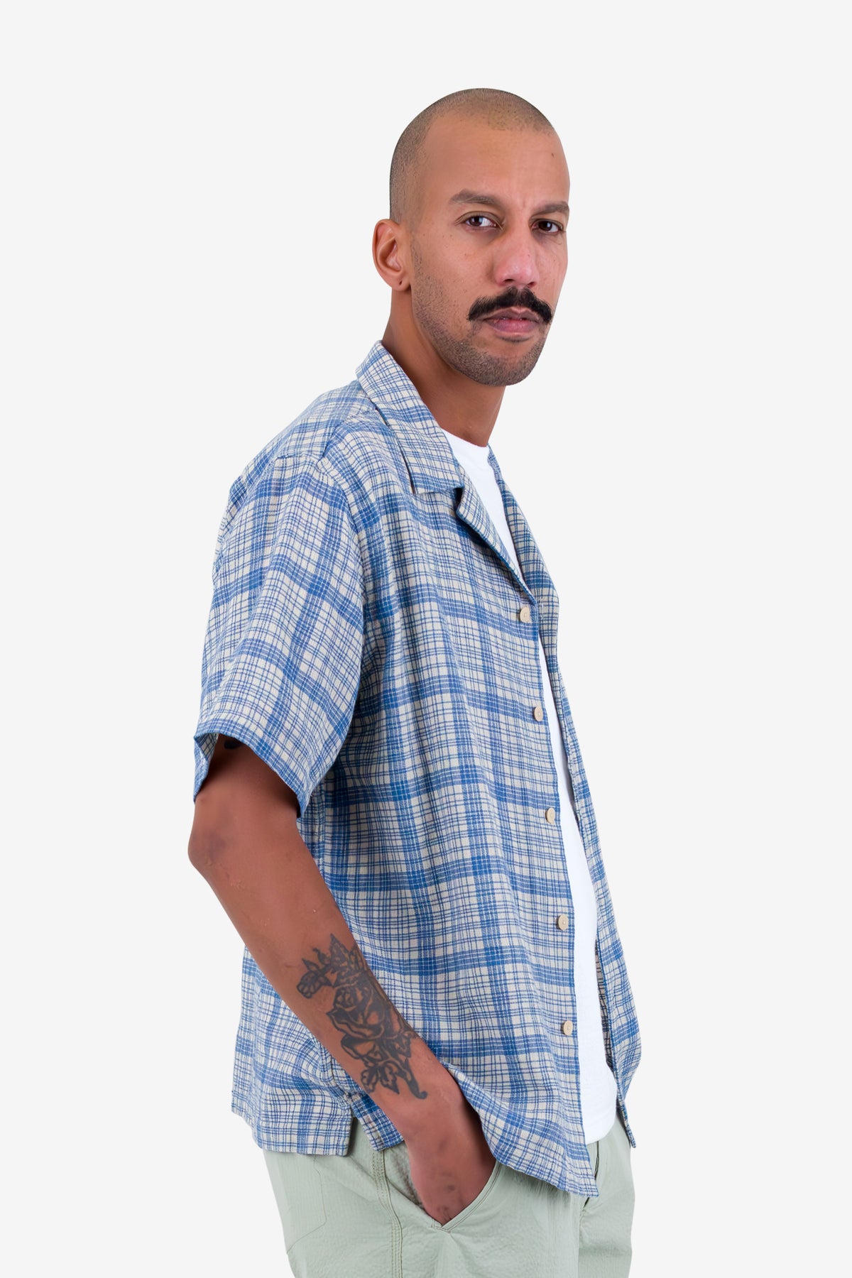 Folk Folk Relaxed Soft Collar Shirt - Stone Blue Open Weave Check