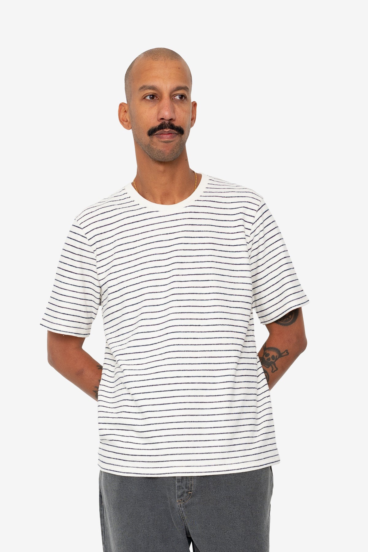 Folk Folk Short Sleeve Textured Striped T-Shirt - Ecru Navy