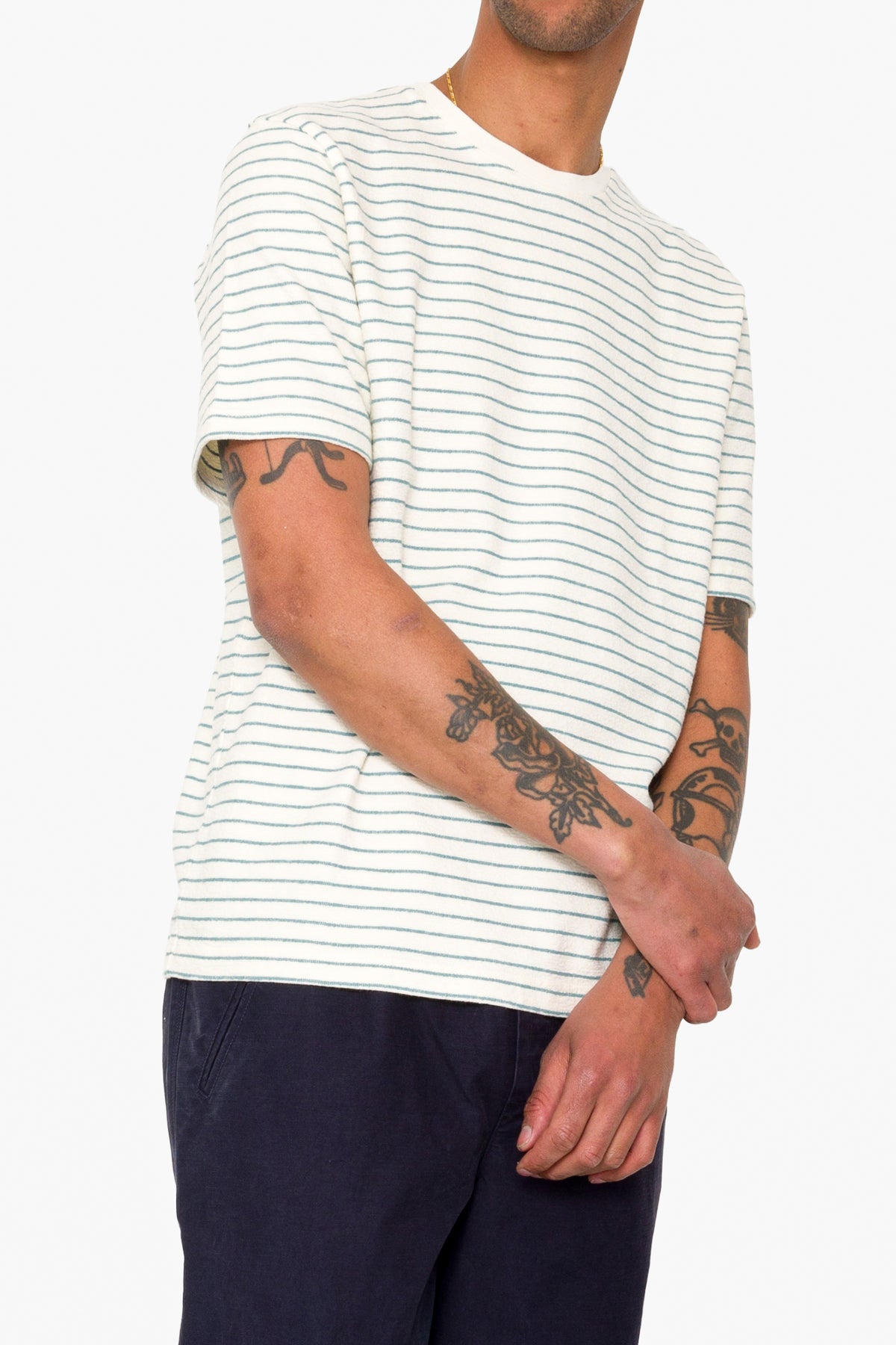 Folk Folk Short Sleeve Textured Stripe T-Shirt - Ecru / Misty Green