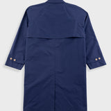 Navy blue trench coat on a light gray background