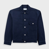 Navy blue jacket with button details on a light gray background