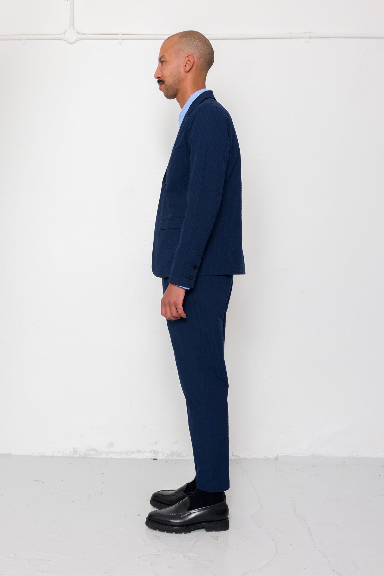 Folk | Folk Assembly Suit Trouser - Navy Crinkle Stripe
