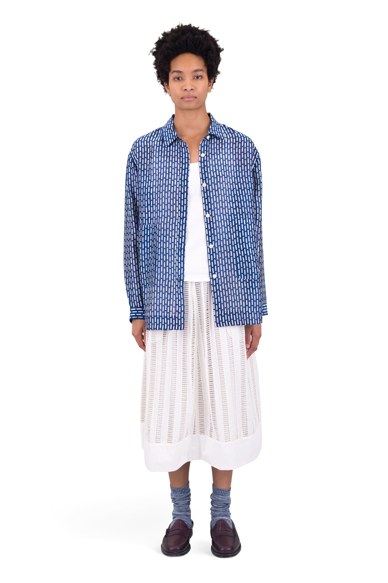 Boyfriend Shirt - Cobalt Ecru Dash Print