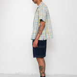 Man wearing a plaid shirt, dark shorts, and black shoes against a white background