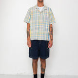 Man wearing a plaid shirt and dark shorts against a white background