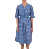 Gathered Dress - Cobalt Ecru Dash Print