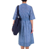 Gathered Dress - Cobalt Ecru Dash Print