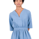 Gathered Dress - Light Indigo Topstitch