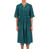 Gathered Dress - Vintage Green Stitch Print