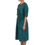Gathered Dress - Vintage Green Stitch Print