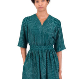 Gathered Dress - Vintage Green Stitch Print
