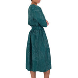 Gathered Dress - Vintage Green Stitch Print