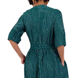 Gathered Dress - Vintage Green Stitch Print