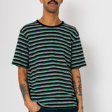 Man wearing dark coloured striped t-shirt and navy shorts against light grey background