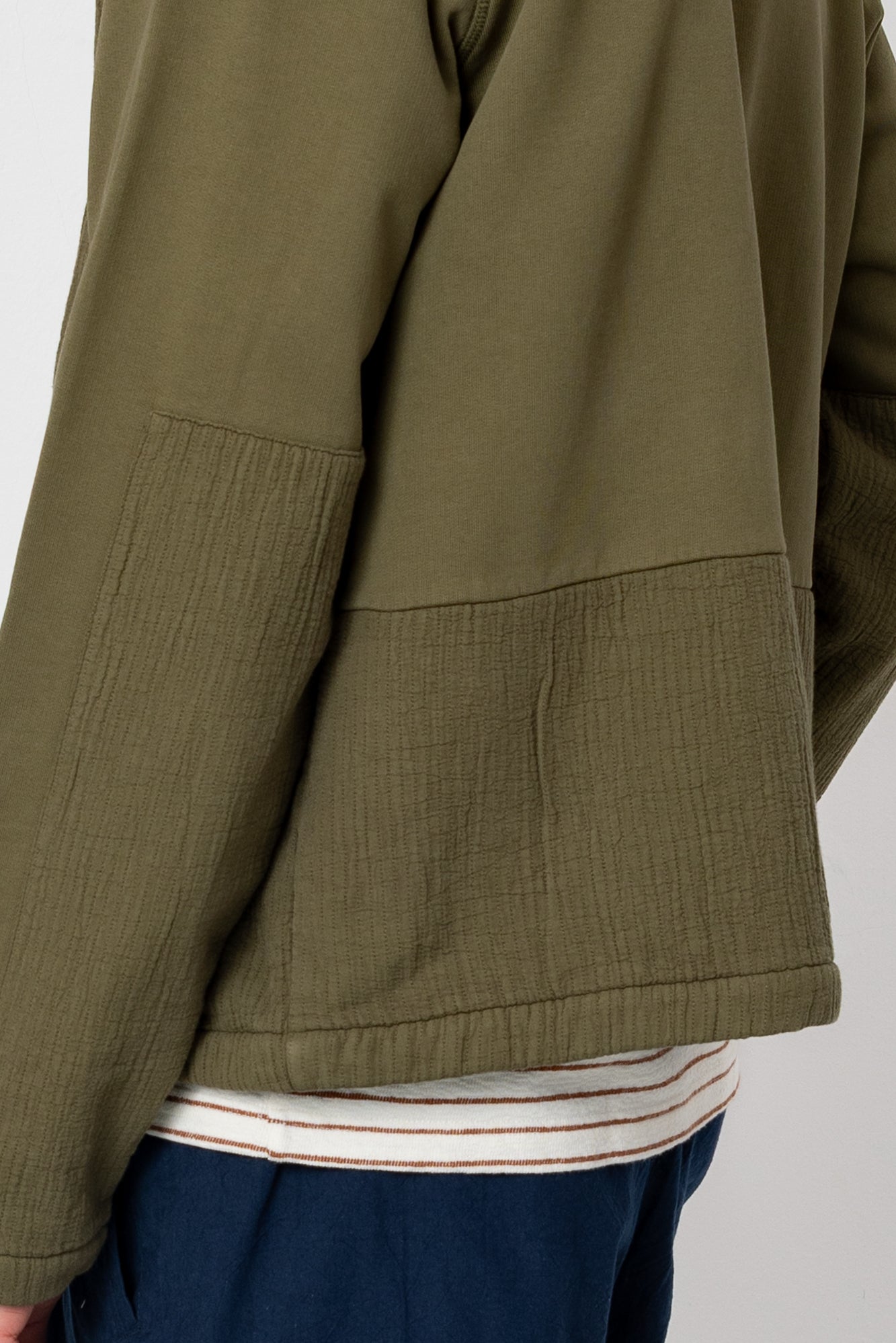 Back of olive green bomber, showing texture detail