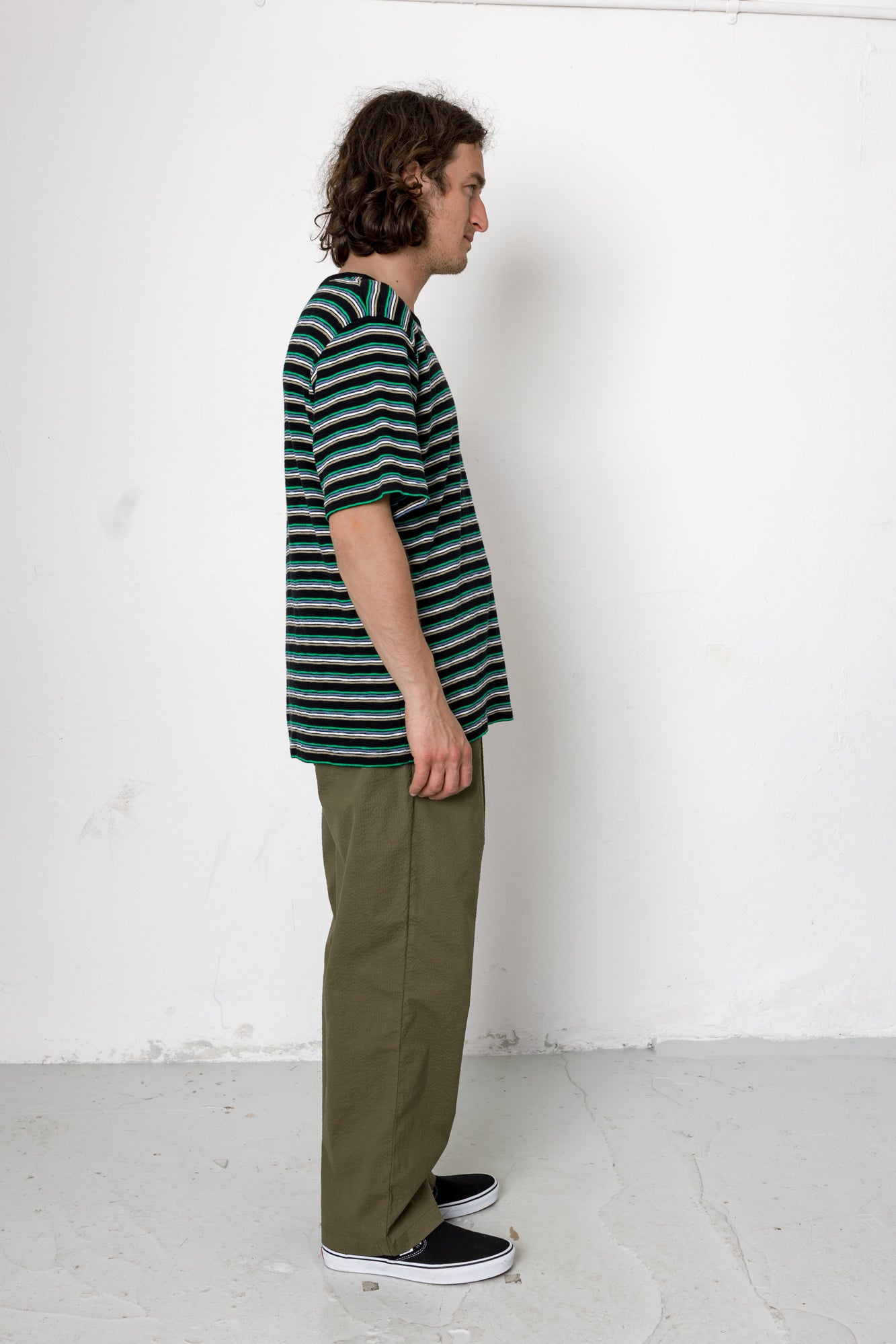 Drawcord Loose Trousers - Dark Olive Seersucker