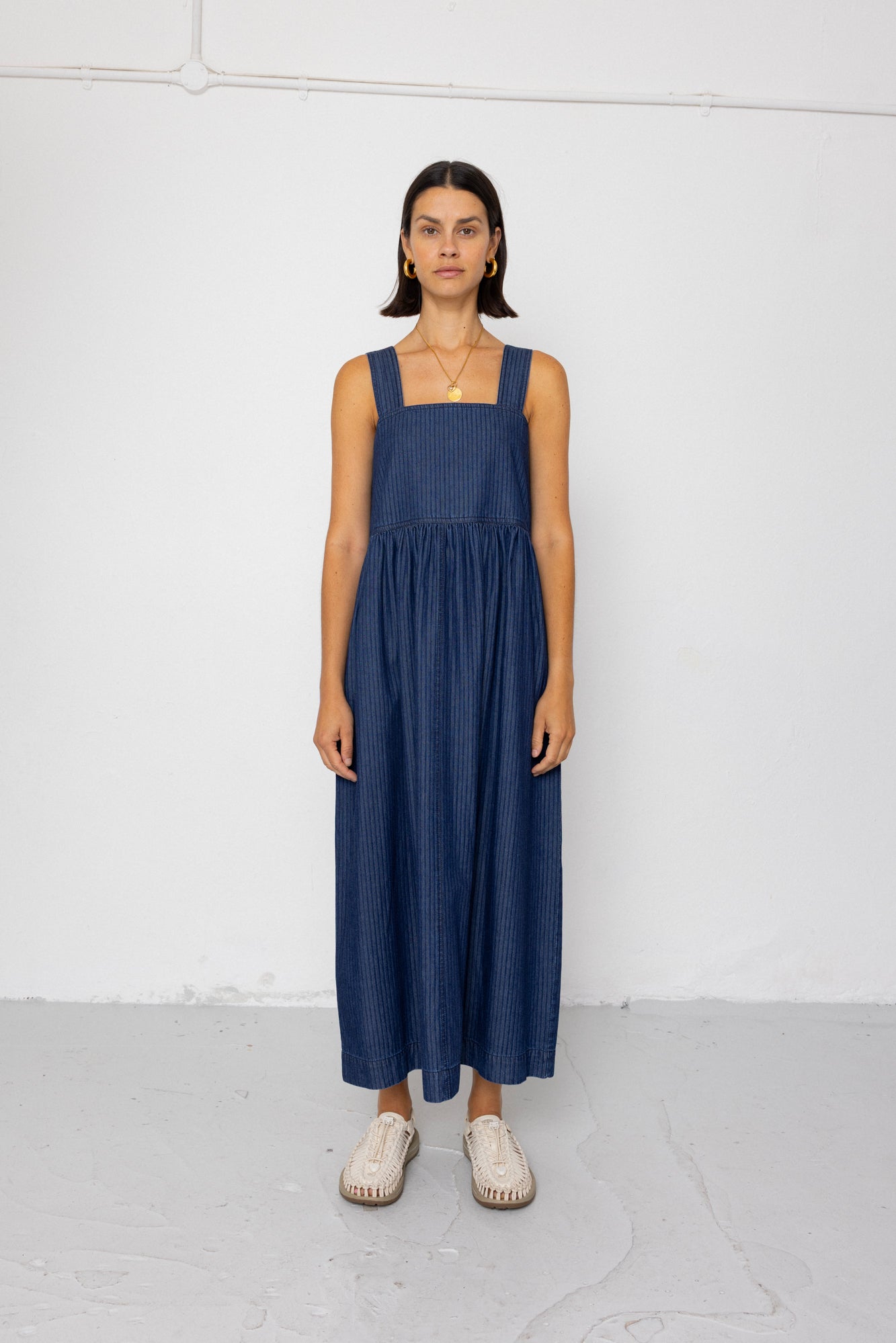 folk midi dress Midi Day Dress - Light Denim Stripe - Women's
