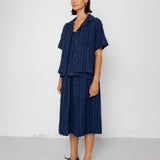 Folk | Folk Short Sleeve Soft Collar Shirt - Dark Navy Cutwork Stripe