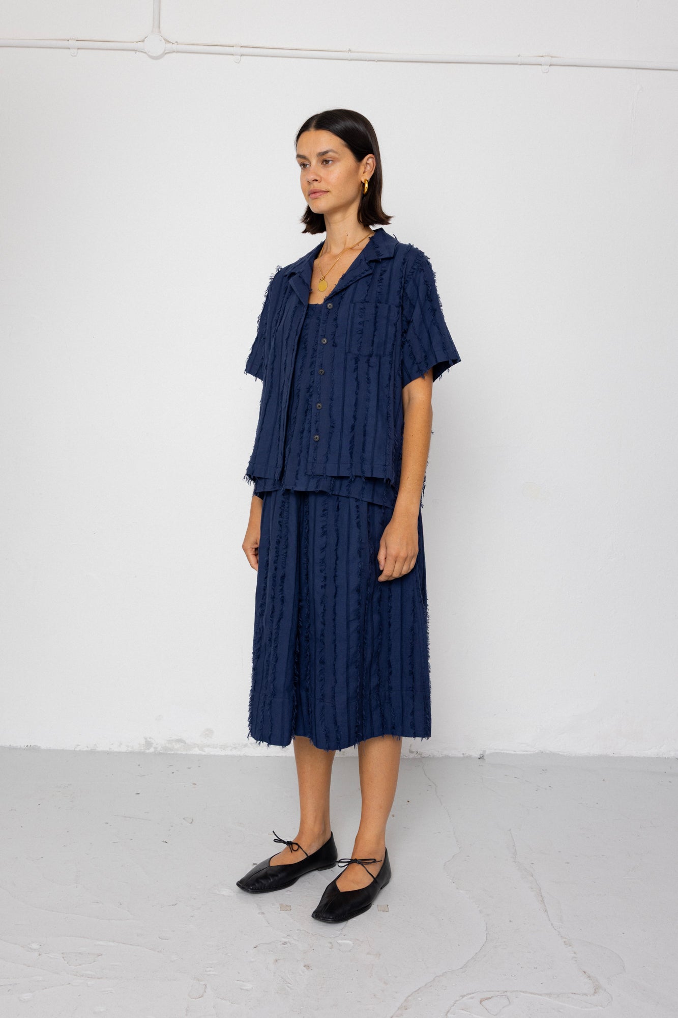 Folk | Folk Short Sleeve Soft Collar Shirt - Dark Navy Cutwork Stripe