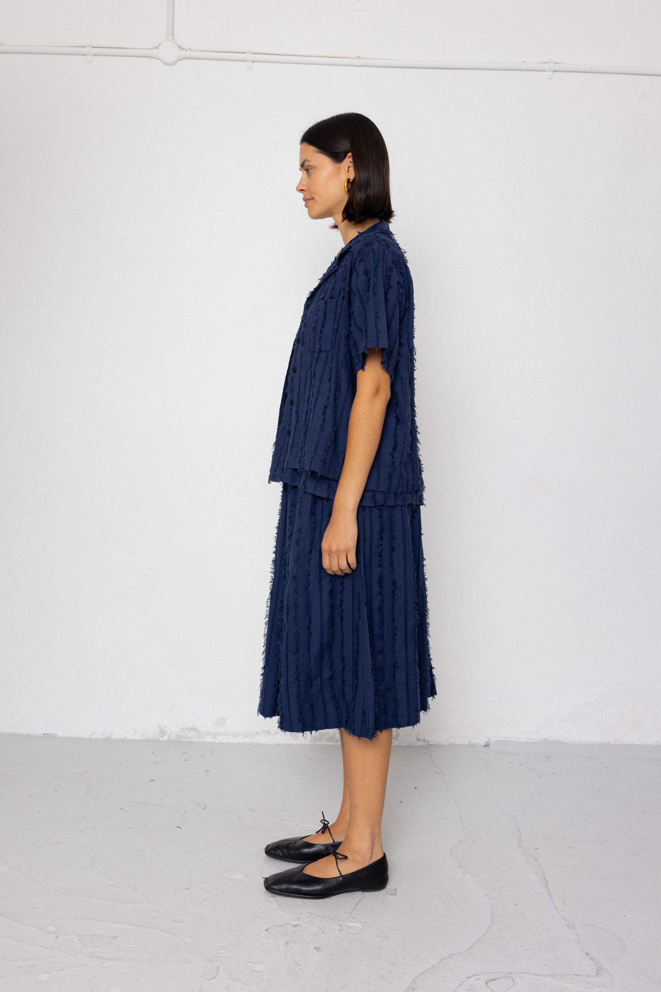 Folk | Folk Short Sleeve Soft Collar Shirt - Dark Navy Cutwork Stripe