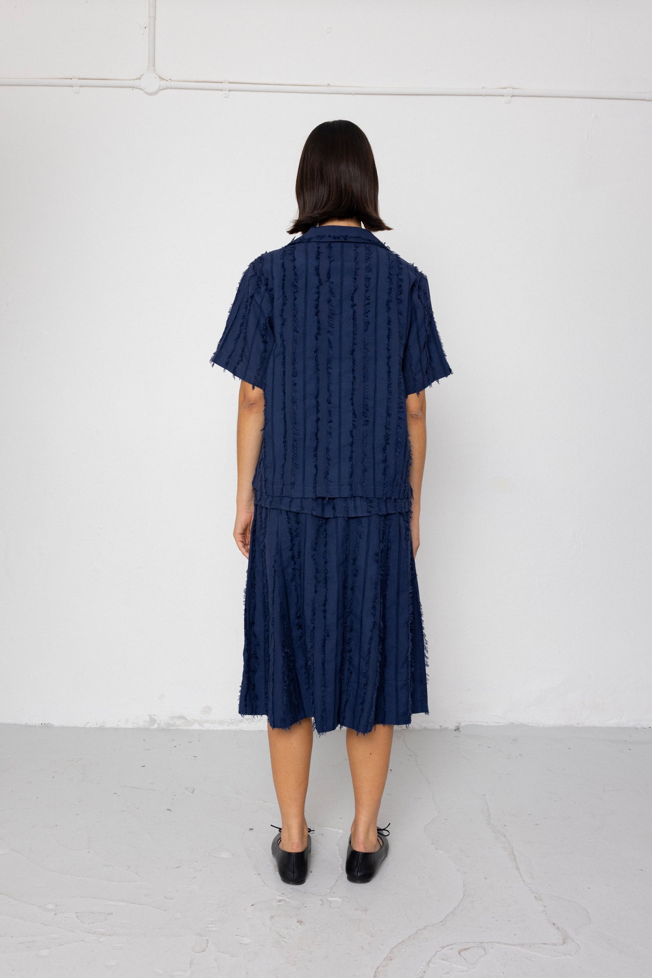 Folk | Folk Short Sleeve Soft Collar Shirt - Dark Navy Cutwork Stripe