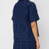 Folk | Folk Short Sleeve Soft Collar Shirt - Dark Navy Cutwork Stripe