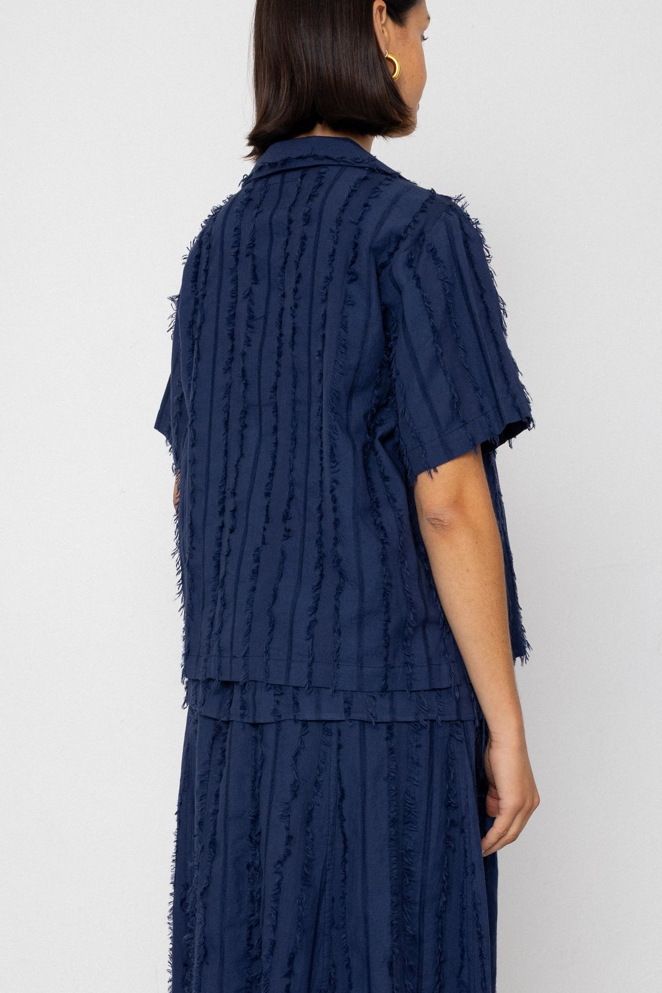 Folk | Folk Short Sleeve Soft Collar Shirt - Dark Navy Cutwork Stripe