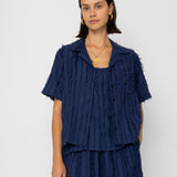 Folk | Folk Short Sleeve Soft Collar Shirt - Dark Navy Cutwork Stripe