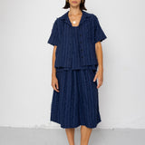 Folk | Folk Short Sleeve Soft Collar Shirt - Dark Navy Cutwork Stripe