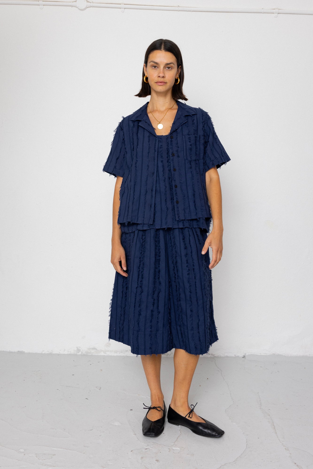 Folk | Folk Short Sleeve Soft Collar Shirt - Dark Navy Cutwork Stripe