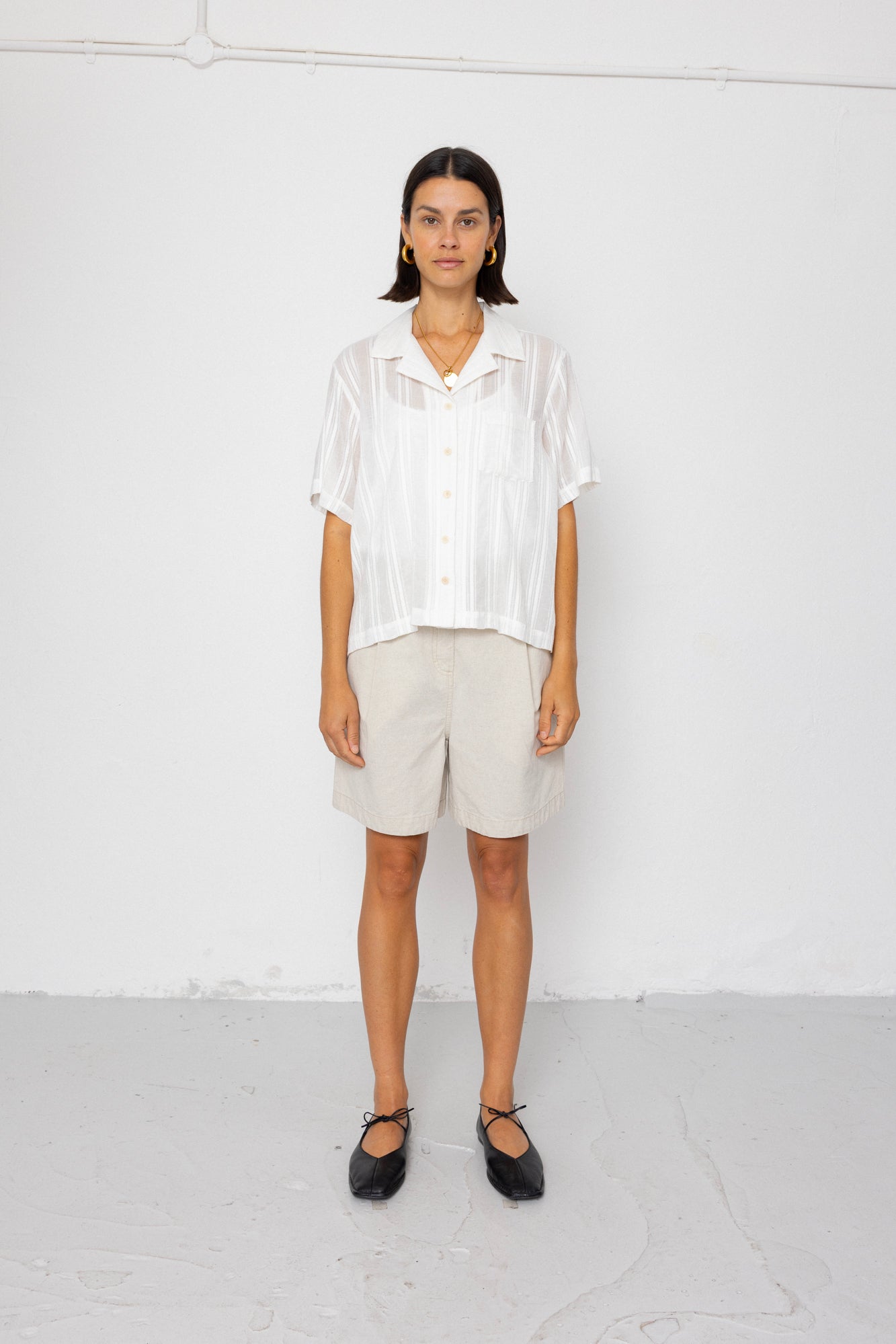 Folk | Folk Short Sleeve Soft Collar Shirt - Off White Dobby Stripe