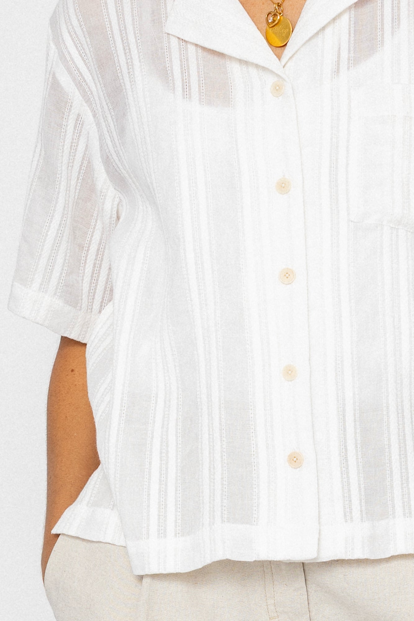 Folk | Folk Short Sleeve Soft Collar Shirt - Off White Dobby Stripe