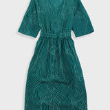 Gathered Dress - Vintage Green Stitch Print